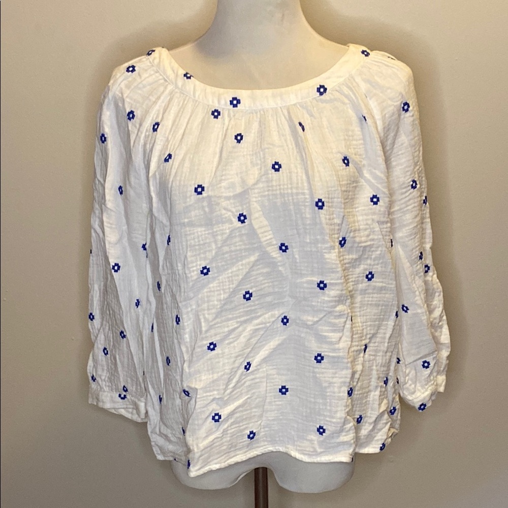Madewell White and Blue Ruched 3/4 Sleeve Blouse